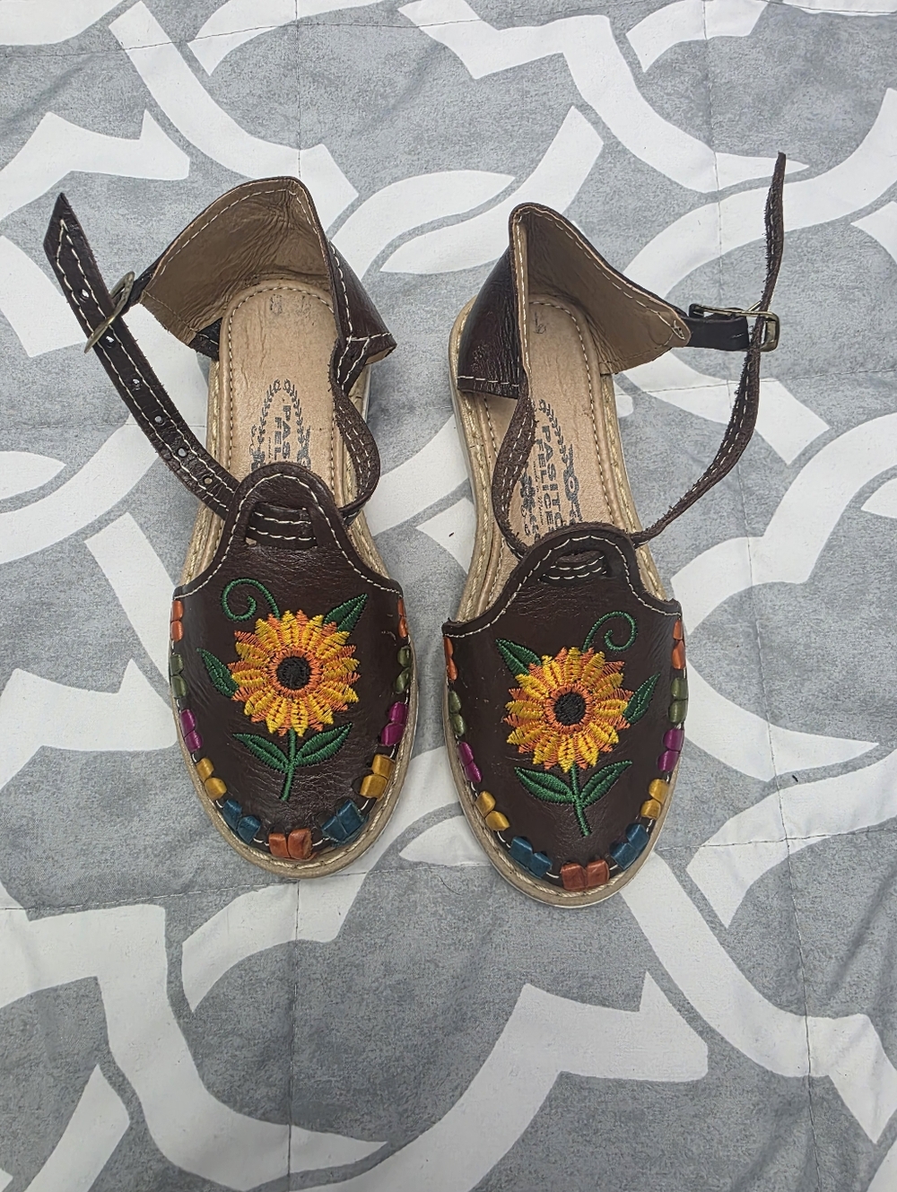 Brown Girls Sandals with Sunflower Embroidery